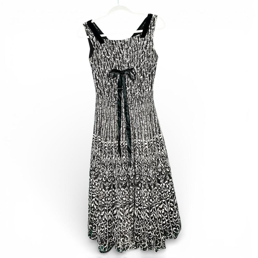 Vintage 1950s Black and White Patterned Sleeveless Midi Dress with Bow Detail
